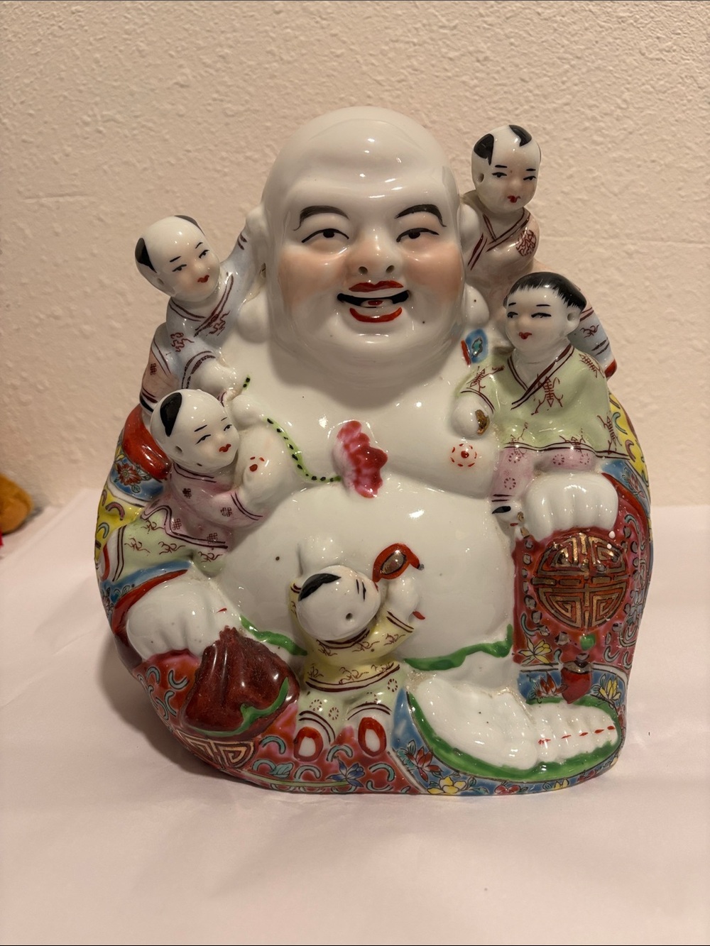 Porcelain Laughing Buddha Figurine with Children - White Multi-Color